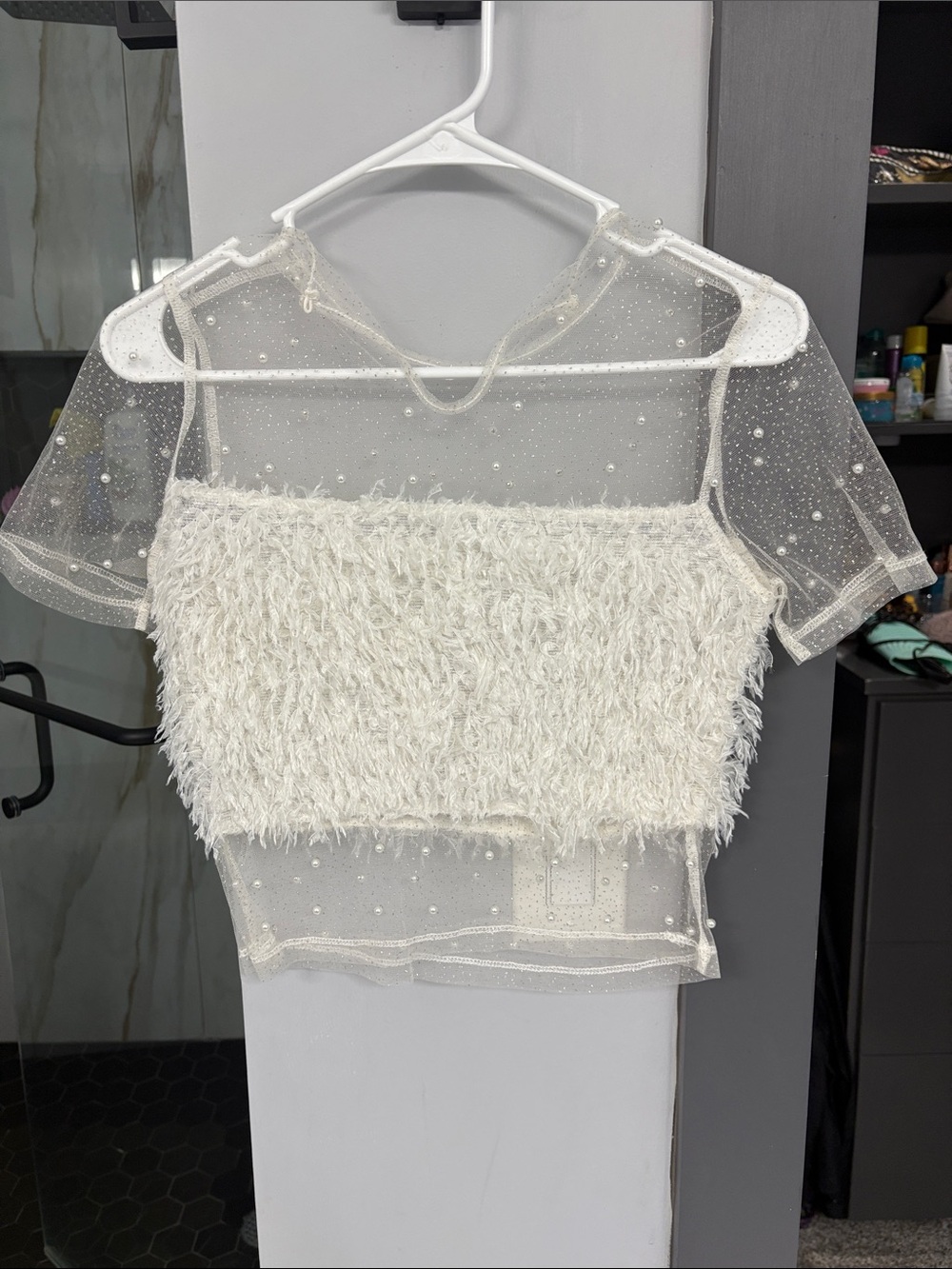 SHEIN White Sheer Mesh Crop Top with Fuzzy Bandeau